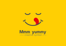 Yummy Smile, Tongue In Heart Shape Creative Symbol Concept. Delicious, Taste, Pleasure Abstract Business Logo Idea. Tasty Food, Cook Icon. Corporate Identity Logotype, Company Graphic Design Tamplate