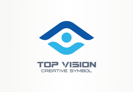 Top vision, man eye creative symbol concept. Protect people, security, care abstract business logo idea. Growth, progress, arrow up icon. Corporate identity logotype, company graphic design tamplate