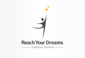 Wall Mural - Reach your dreams creative symbol concept. Success, goal, graduate abstract business logo idea. Happy kid, man silhouette and stars icon. Corporate identity logotype, company graphic design tamplate