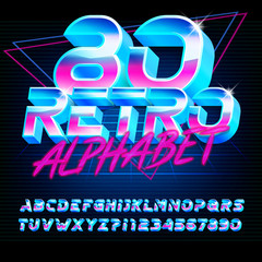 80 Retro alphabet font. Shiny 3D letters and numbers on dark background. Stock vector typeface for your typography in retro 80s style.