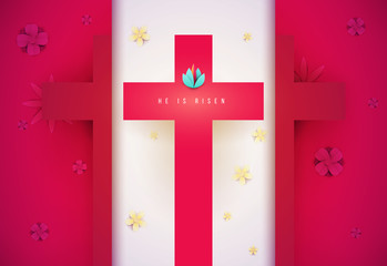 Wall Mural - Christian cross with flowers in minimal trendy geometric paper cut style. Creative modern religious concept. Colorful vector illustration. Background for greeting card, banner, cover.