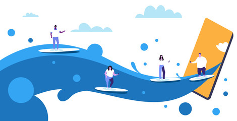 surfers using cellphones surfing on waves men women on surfboards digital addiction technology concept smartphone screen online mobile app sketch full length horizontal