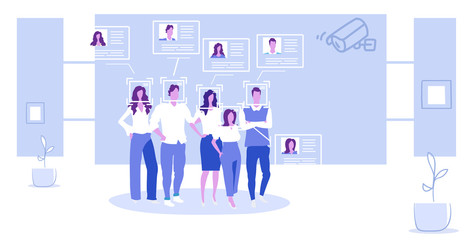 Poster - businesspeople group company employees identification cctv security camera facial recognition system digital technology concept sketch full length horizontal