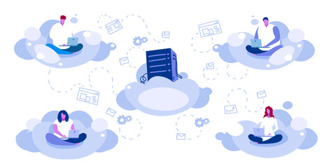 Poster - people sitting lotus pose using laptop users downloading content from data center cloud hosting server online synchronization computing technology network concept sketch full length horizontal