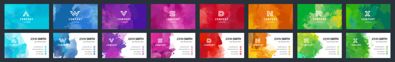 big set of bright colorful business card template with vector watercolor background