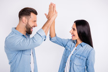 Profile Side View Portrait Of His He Her She Nice Attractive Lovely Charming Cute Cheerful Cheery Glad Persons Giving High-five Accomplishment Isolated Over Light White Pastel Background