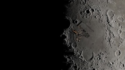 Wall Mural - Human settlement buildings life on the moon view from sky. Contains public domain elements by Nasa
