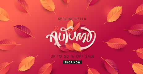 Autumn calligraphy. Seasonal lettering.Autumn sale banner template.vector illustration