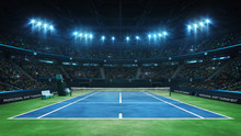 Blue Tennis Court And Illuminated Indoor Arena With Fans, Upper Front View, Professional Tennis Sport 3d Illustration Background