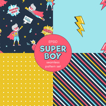 Super Boy Cartoon Vector Seamless Patterns Set. Superhero Kids, Lightning Bolts, Tiny Dots And Diagonal Lines Textures Pack. Comic Book Decorative Backgrounds. Wallpaper, Wrapping Paper Designs
