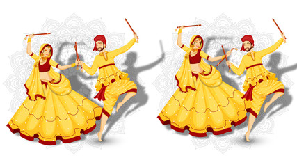 Poster - Set of couple character dancing with dandiya sticks on white mandala floral background.