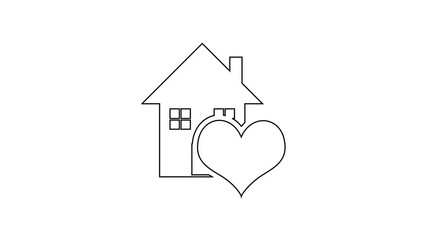 Sticker - Black House with heart shape line icon on white background. Love home symbol. Family, real estate and realty. 4K Video motion graphic animation