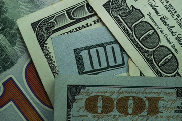Aufkleber - Close up Beautiful Dollars Background. American, US Dollars Cash Money. One Hundred Dollar Banknotes. Macro view.