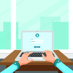 Poster - person typing on the laptop trying to log in. office interior, nice view at the back. vector eps 10.