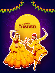 Wall Mural - Sticker style character of couple dancing with dandiya stick on purple mandala flowers background for Shubh Navratri festival celebration poster or card design.