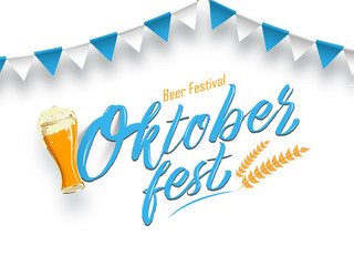 Creative banner or poster design, stylish text Oktoberfest Beer Festival decorated with wine glass, wheat and party flag on white background.