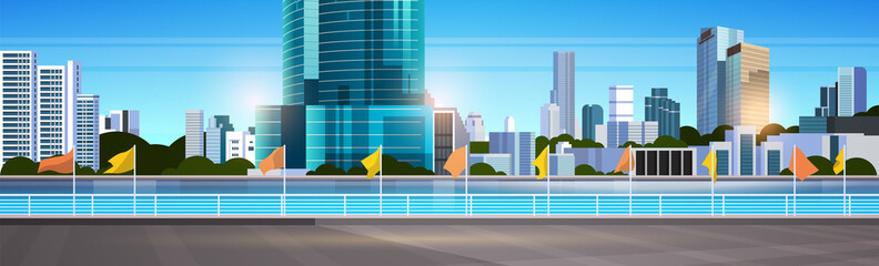 Wall Mural - city skyline modern skyscrapers fence and river against cityscape background flat horizontal banner