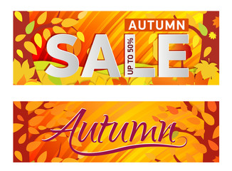 Wall Mural - Set bright orange banner, golden autumn. Autumn Park background with falling leaves. Vector illustrations for flyers, leaflet, web.