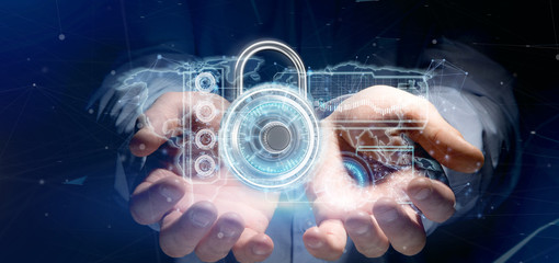 Poster - Man holding a padlock security technology interface 3d rendering