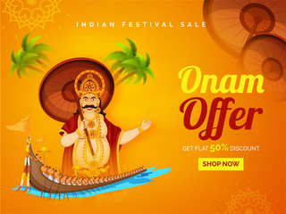 Wall Mural - advertising sale poster or banner design with 50% discount offer, illustration of king mahabali and 
