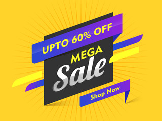 Wall Mural - Mega Sale poster or banner design with 60% discount offer on yelloow abstract background.