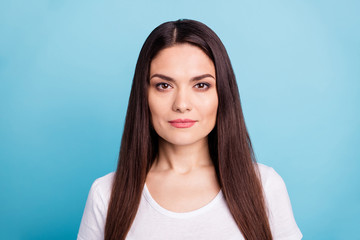 Poster - Closeup photo of charming cute mature intelligent clever woman staring at camera while isolated with blue background