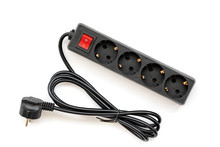 Black Surge Protector Electric Outlet Isolated On White Background. Power Bar With Built-in Surge Protector And Multiple Outlets. 
