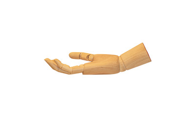 A hand of wood doll make fingers to touch, direct, move isolated white background at the studio. 