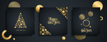 Happy New Year Luxury Greeting Cards Set. New Year Holiday Invitations Templates Collection With Hand Drawn Lettering And Gold Christmas Balls. Vector Illustration. 