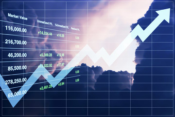 Business background image of investment data on stock market index perspective direction to the bright light of the twilight sky imply hope successful startup concept.