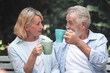 © Sasils Production - Family lunch outdoor. Couple of white senior man and woman sitting and toasting to each other in tropical garden.