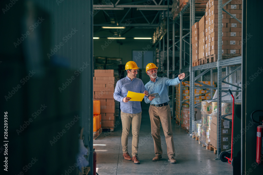 CEO going around warehouse with supervisor and talking analyzing sale statistics. Younger man holding folder with data while older one holding tablet and pointing at boxes. Both having yellow helmets. - obrazy, fototapety, plakaty 