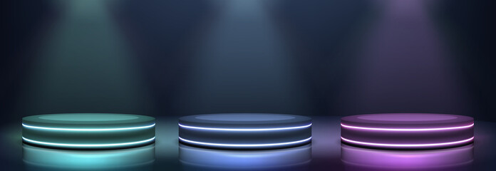 Empty podiums for product presentation or fashion performance, glowing in darkness with various colors neon light rims, illuminated with searchlights on glossy surface 3d realistic vector illustration
