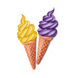 Yellow and purple ice cream cone on white background. Marker illustration.