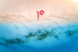 © den-belitsky - Aerial view of the beautiful young lying woman with pink donut swim ring on white sandy beach near blue sea with waves at sunset. Tropical summer holiday. Top view of slim girl, clear water. Leisure