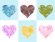 Set of 6 oil hearts on a white and blue background. Outline hearts, blue, brown, green, violet, yellow, pink brush strokes.