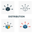 Distribution icon set. Four elements in diferent styles from blockchain icons collection. Creative distribution icons filled, outline, colored and flat symbols