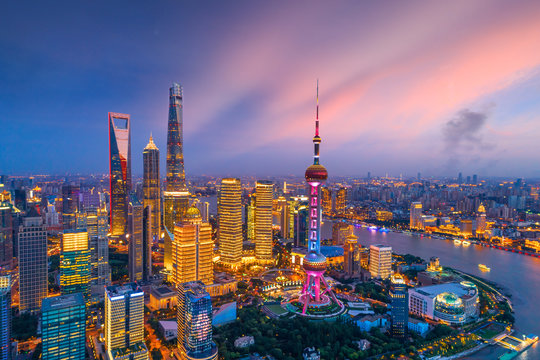 aerial view of shanghai skyline at night,china.