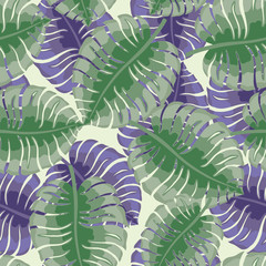 Canvas Print - Seamless pattern with tropical leaves on a green background.