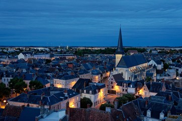 Aerial view of a french town at twilight