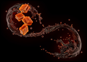 Dark chocolate, chocolate syrup 3D swirls splashes with toffee caramel candies on chocolate texture background. Сombination of caramel and chocolate flavors. Liquid dessert template design element