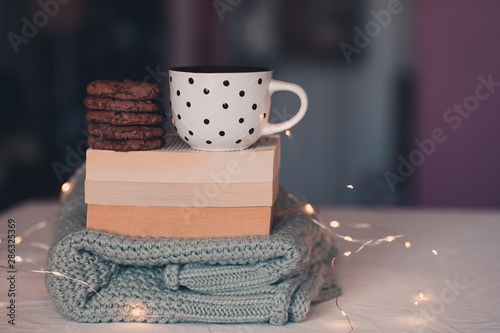 Winter Season Concept Cup Of Hot Tea With Cookies On Open Books
