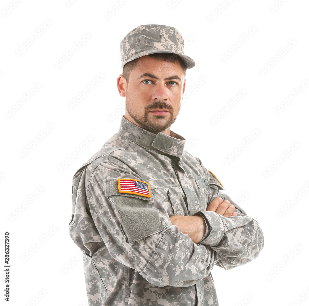 Soldier in camouflage on white background