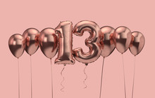 13th Birthday Pink Balloon Background. Happy Birthday. 3D Rendering