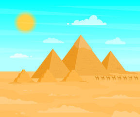 Sticker - Egyptian Pyramids Travel and Tourism Concept on a Desert Landscape Background Scene. Vector