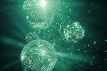 Neo-mint Shining Disco Balls. Disco Atmosphere Concept In Trendy 2020 Tones
