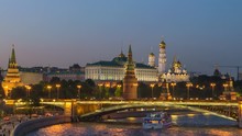 Moscow Russia Time Lapse 4K, City Skyline Day To Night Timelapse At Kremlin Palace Red Square And Moscow River
