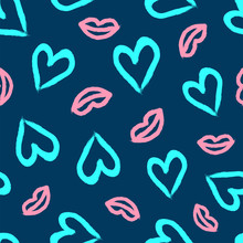 Seamless Pattern With Lips And Hearts Drawn By Hand With A Rough Brush. Sketch, Watercolor, Paint. Stylish Print. Vector Illustration.