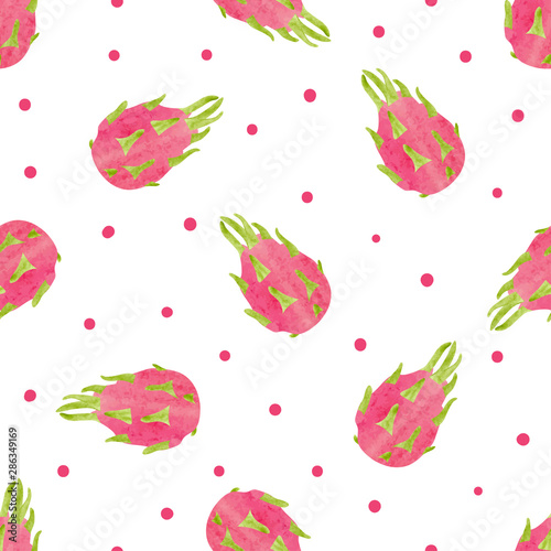 Seamless dragon fruit pattern. Vector watercolor tropical background.