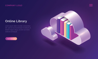 Poster - Online library isometric concept vector illustration. Virtual cloud shelf with books standing in it, isolated on purple background, landing page website for book storage, electronic reading